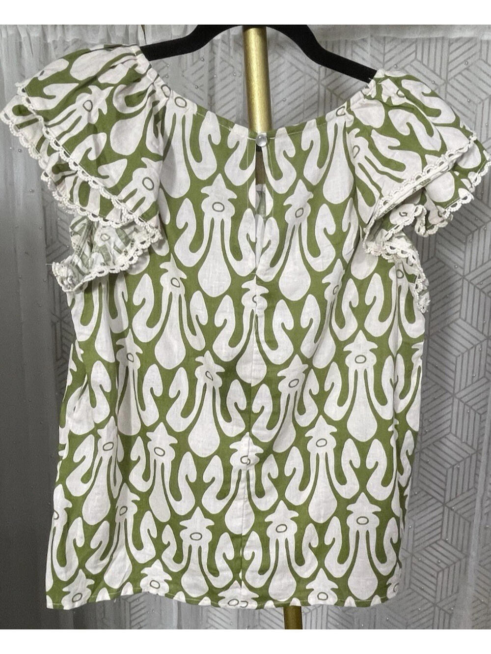 Christian Siriano Linen Blend Top Women’s Green White Geometric Print Ruffle S - Picture 2 of 5